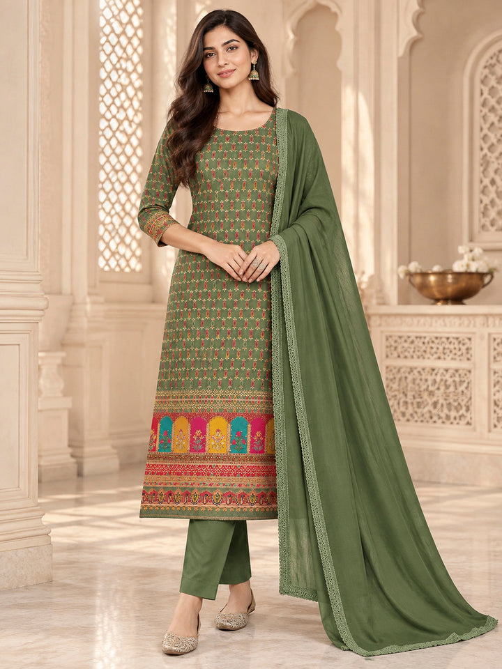 Green Cotton Blend Printed Unstitched Dress Material