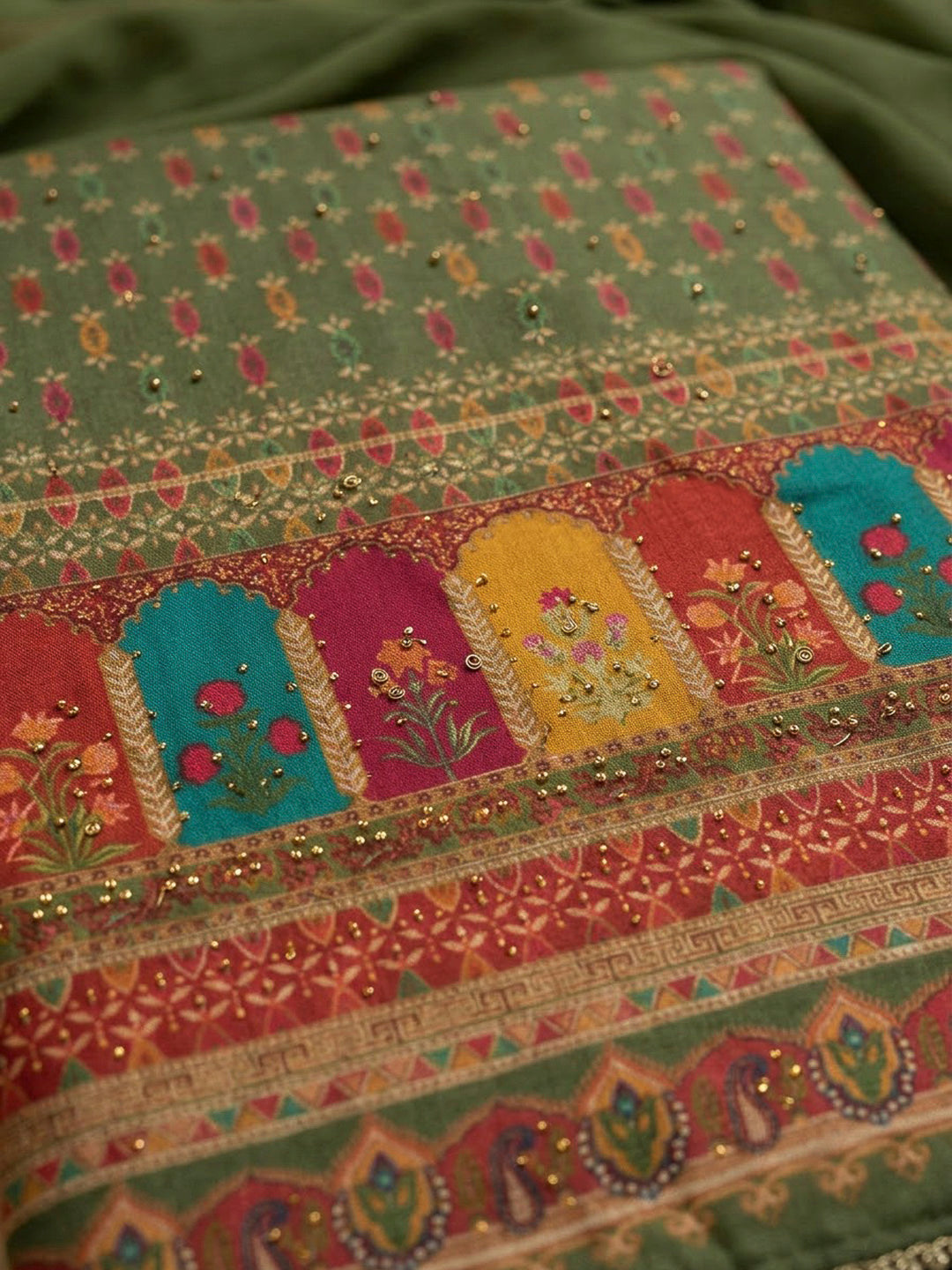 Green Cotton Blend Printed Unstitched Dress Material