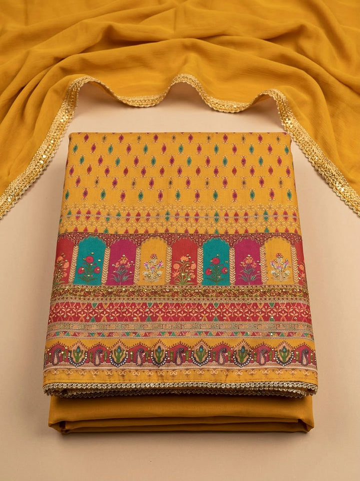 Mustard Cotton Blend Printed Unstitched Dress Material