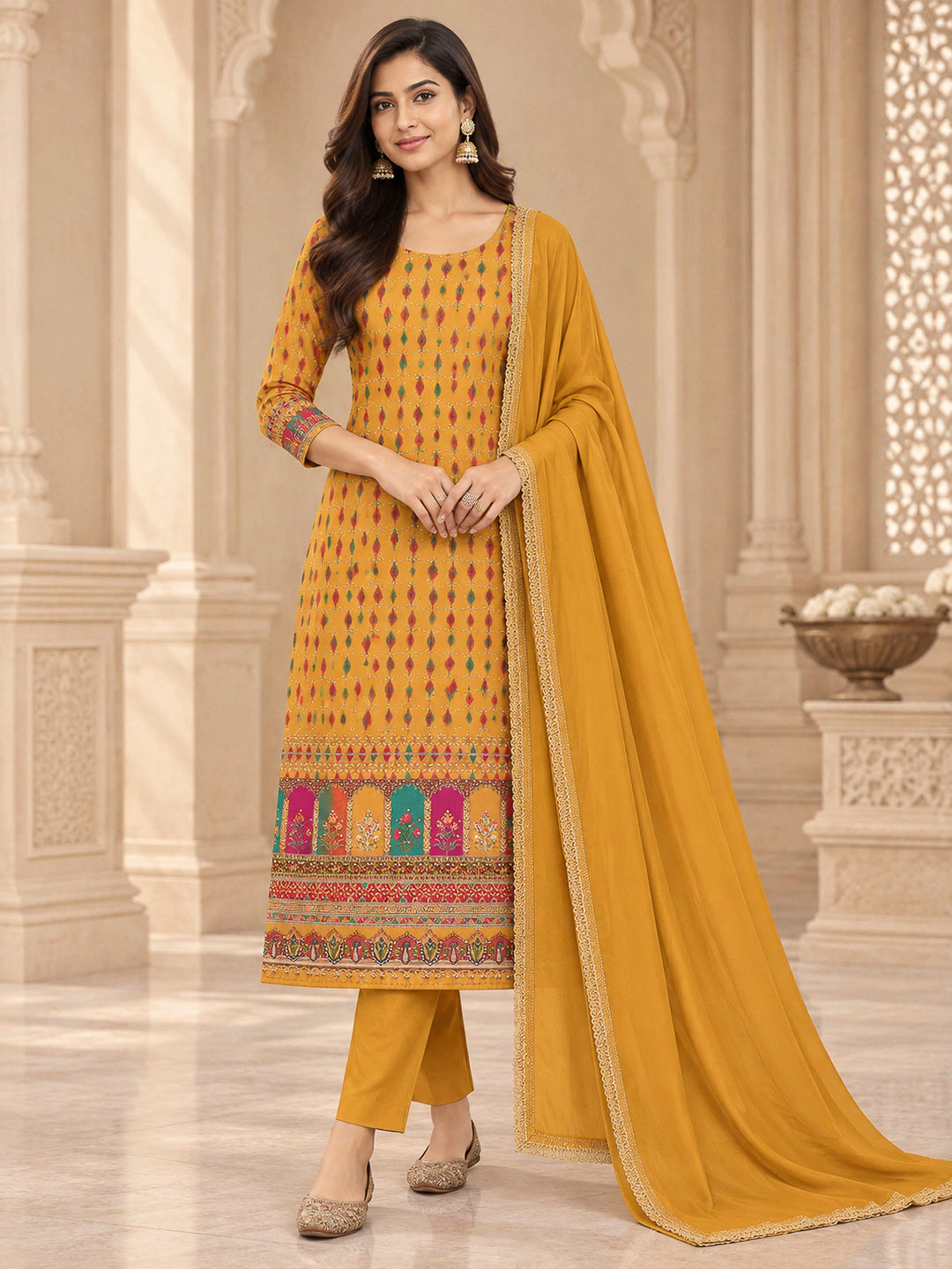 Mustard Cotton Blend Printed Unstitched Dress Material
