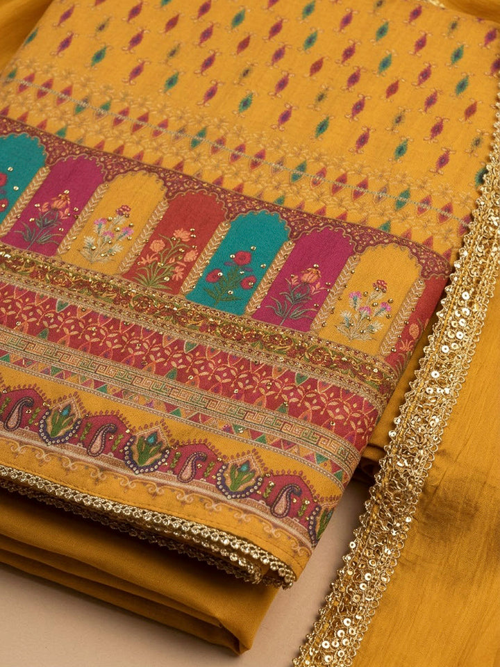 Mustard Cotton Blend Printed Unstitched Dress Material