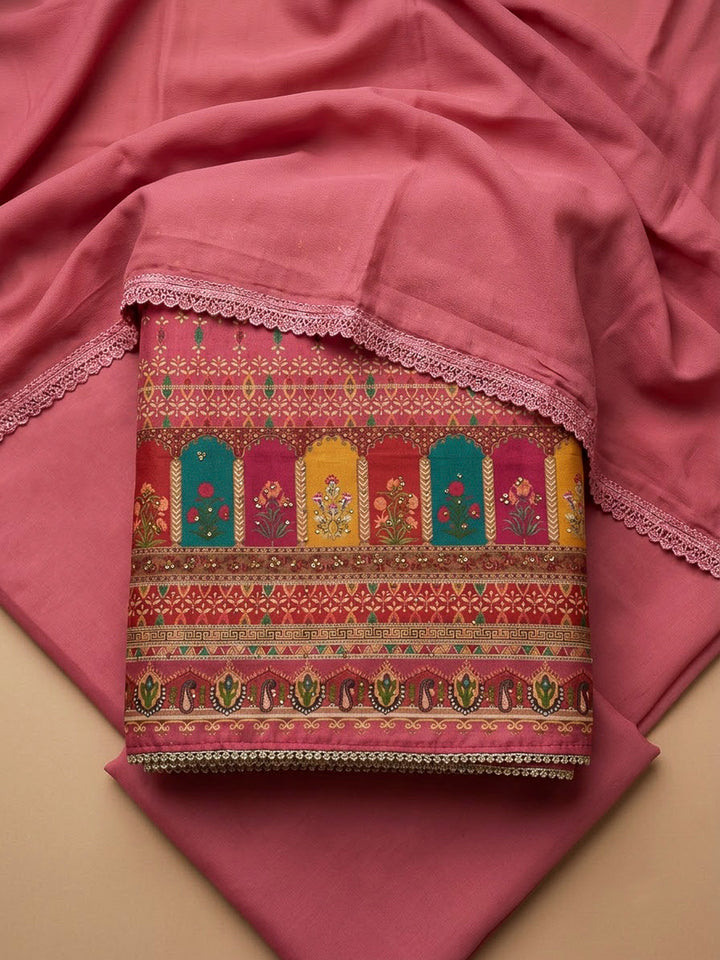 Onion Pink Cotton Blend Printed Unstitched Dress Material