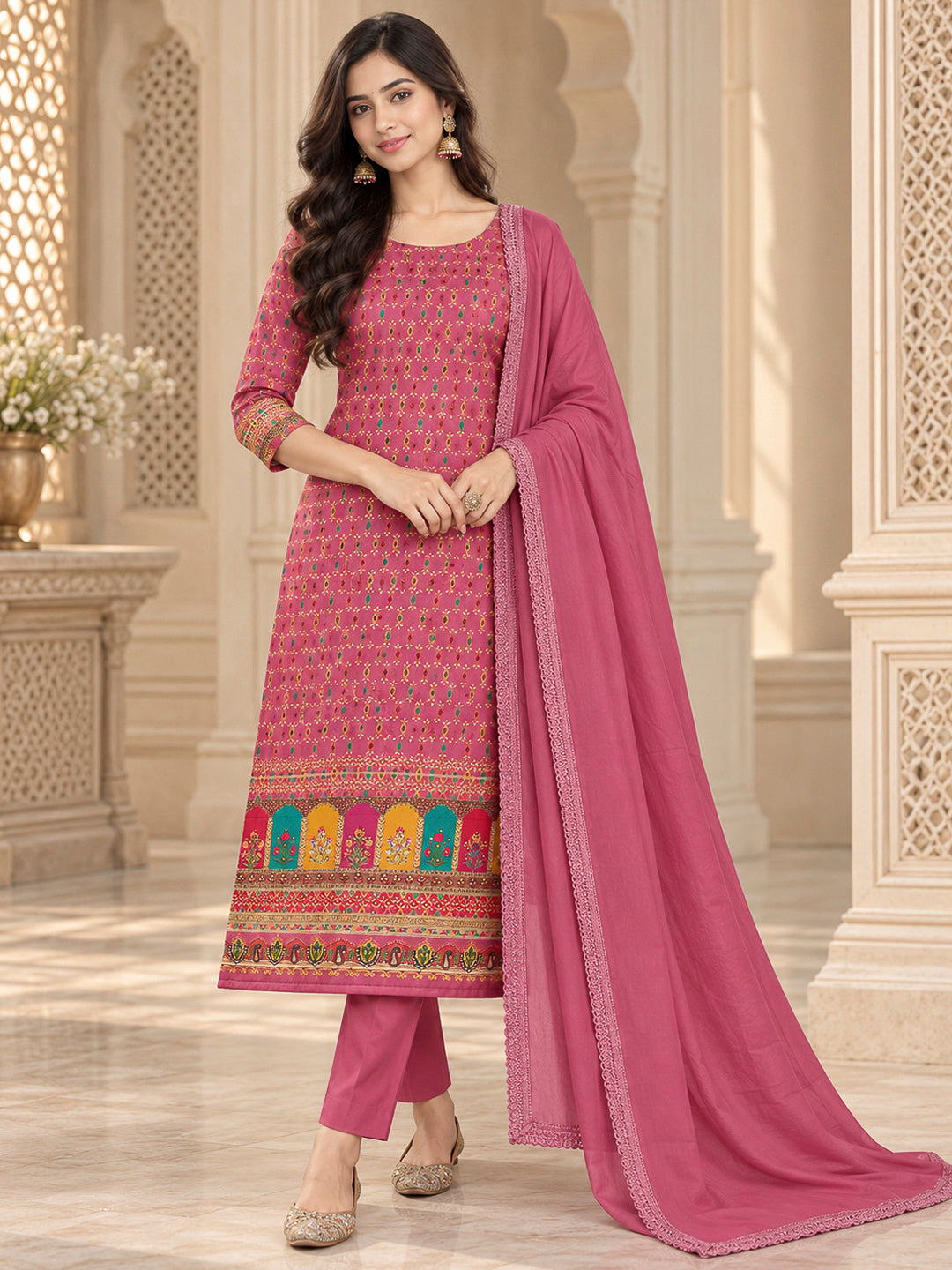 Onion Pink Cotton Blend Printed Unstitched Dress Material