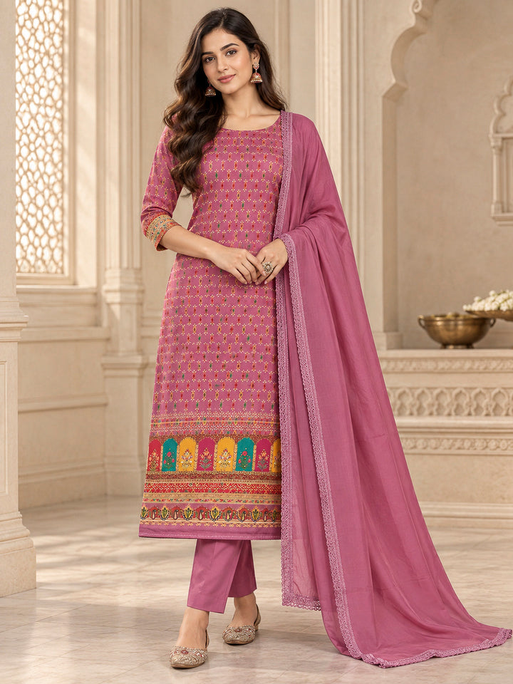Pink Cotton Blend Printed Unstitched Dress Material