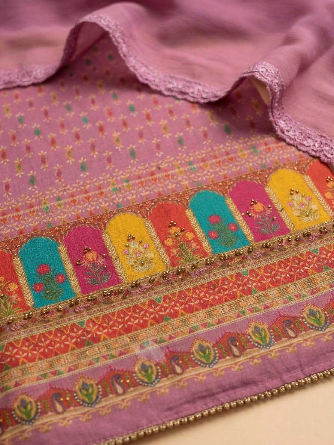 Pink Cotton Blend Printed Unstitched Dress Material