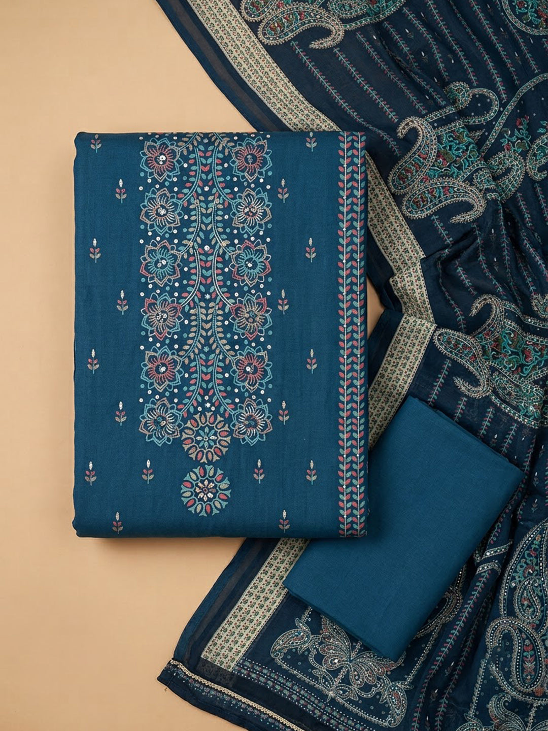 Blue Cotton Blend Embroidered Unstitched Dress Material