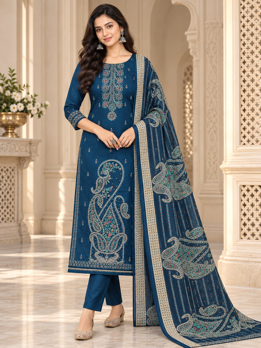 Blue Cotton Blend Embroidered Unstitched Dress Material