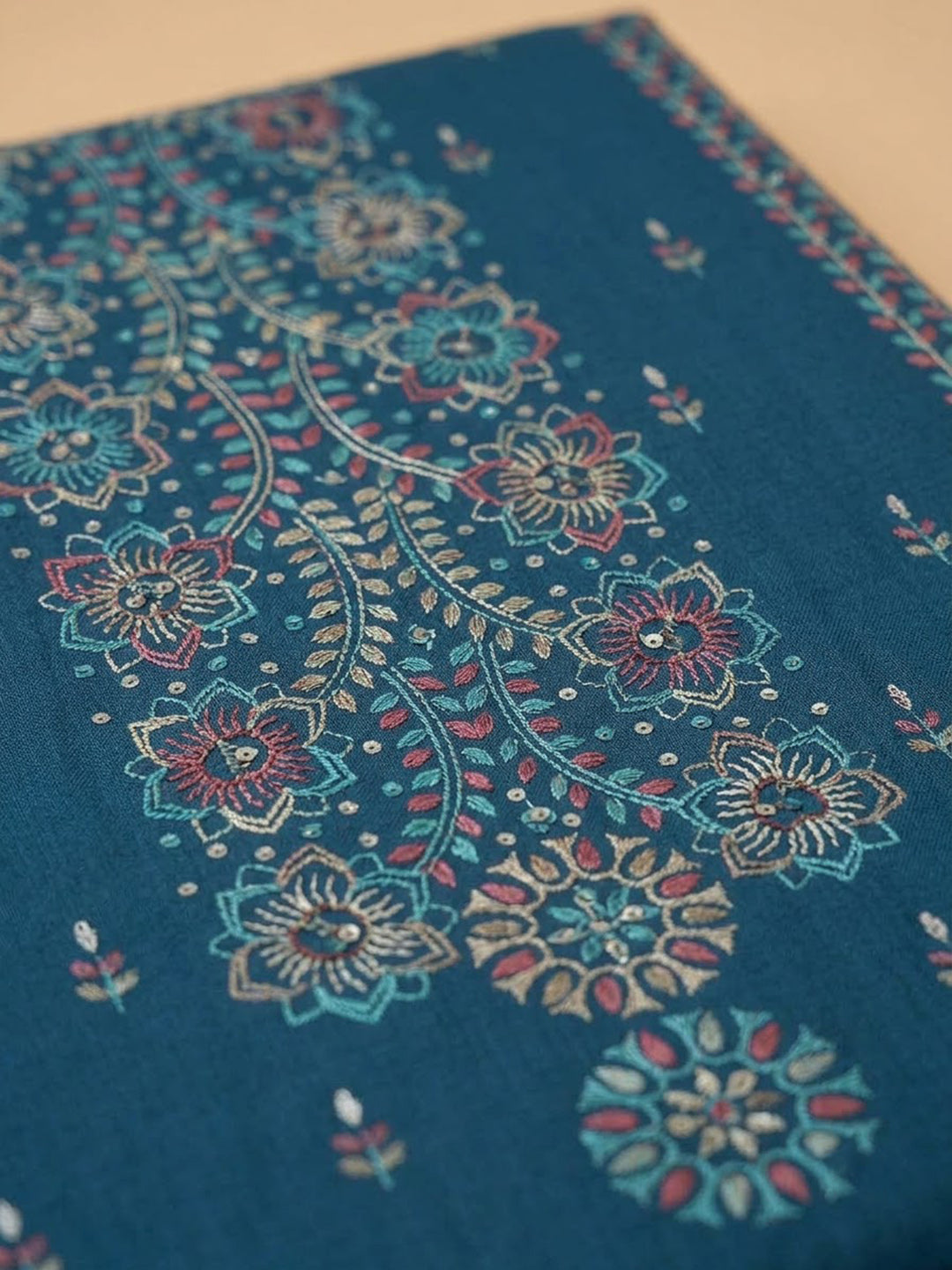 Blue Cotton Blend Embroidered Unstitched Dress Material