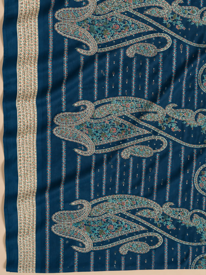 Blue Cotton Blend Embroidered Unstitched Dress Material