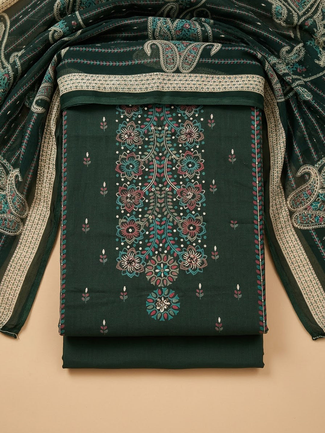 Bottle Green Cotton Blend Embroidered Unstitched Dress Material