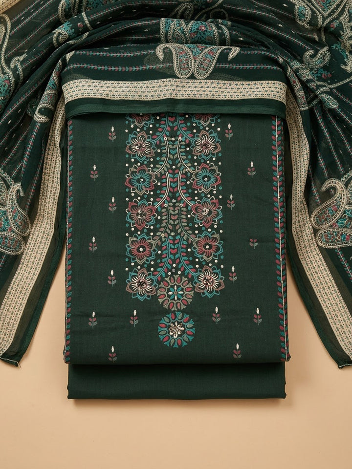 Bottle Green Cotton Blend Embroidered Unstitched Dress Material
