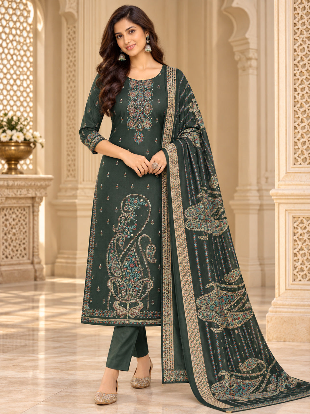 Bottle Green Cotton Blend Embroidered Unstitched Dress Material