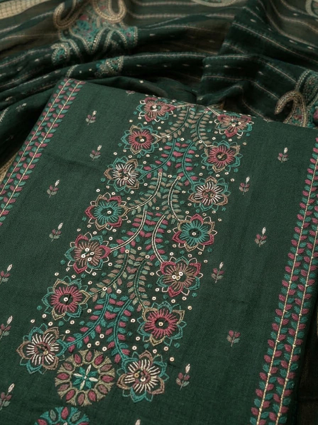 Bottle Green Cotton Blend Embroidered Unstitched Dress Material