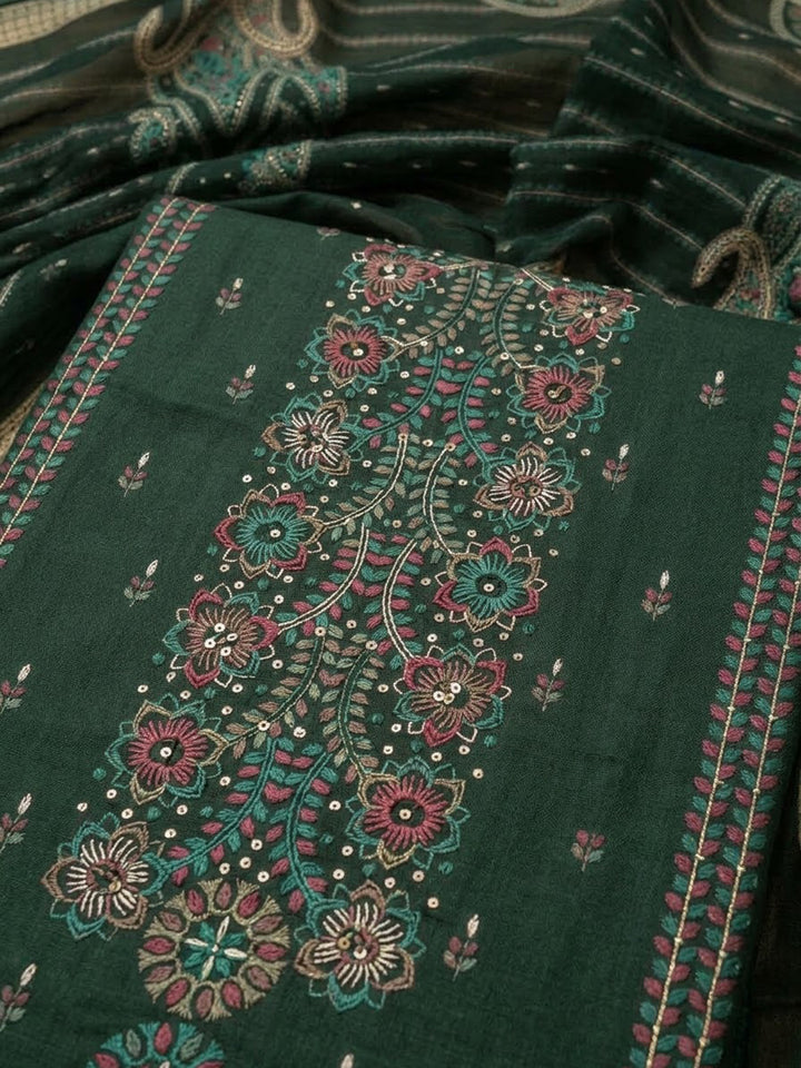 Bottle Green Cotton Blend Embroidered Unstitched Dress Material