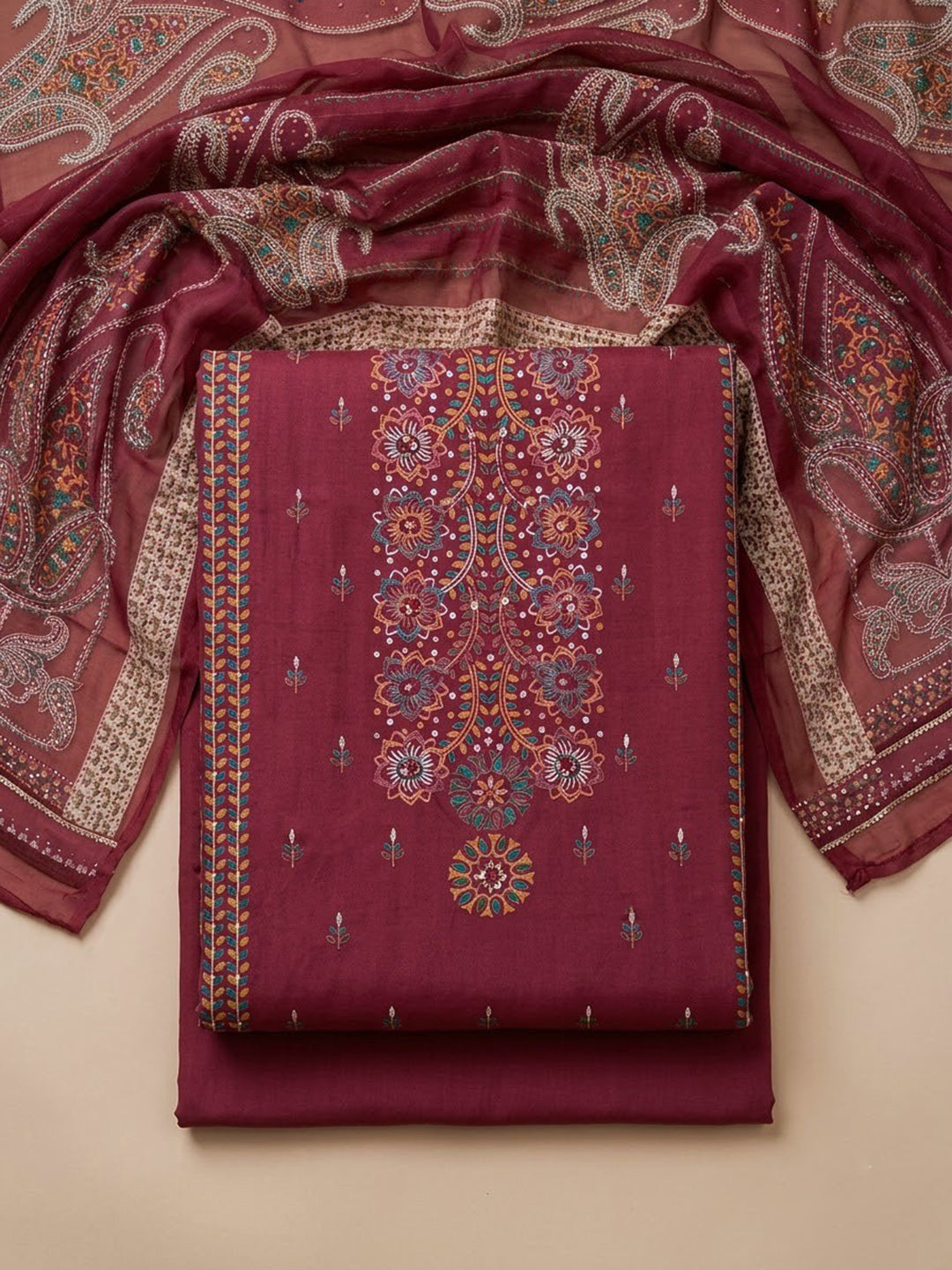 Onion Pink Cotton Blend Embroidered Unstitched Dress Material
