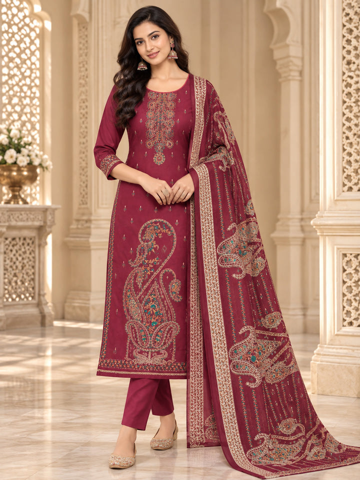 Onion Pink Cotton Blend Embroidered Unstitched Dress Material