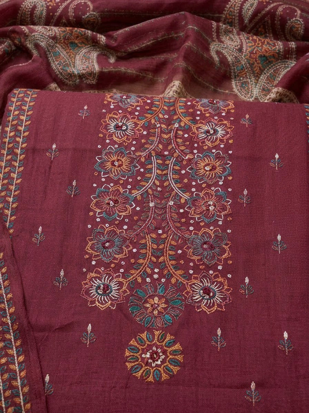 Onion Pink Cotton Blend Embroidered Unstitched Dress Material