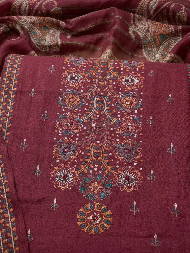 Onion Pink Cotton Blend Embroidered Unstitched Dress Material