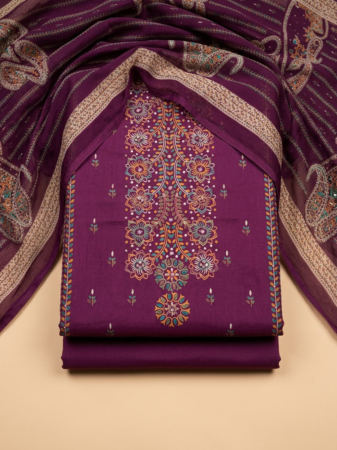 Purple Cotton Blend Embroidered Unstitched Dress Material