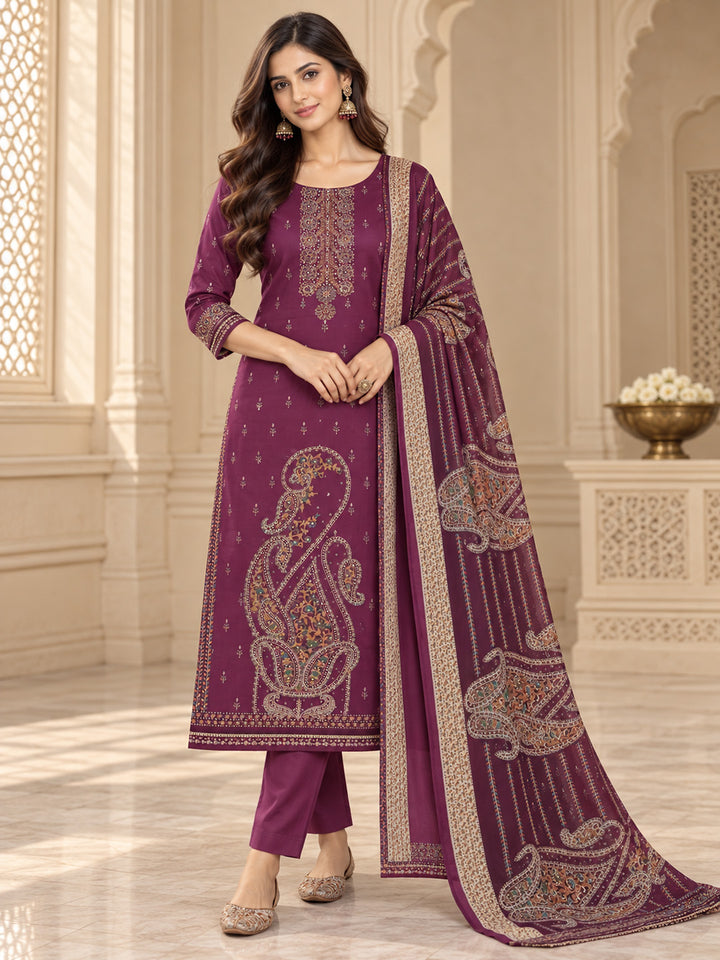 Purple Cotton Blend Embroidered Unstitched Dress Material