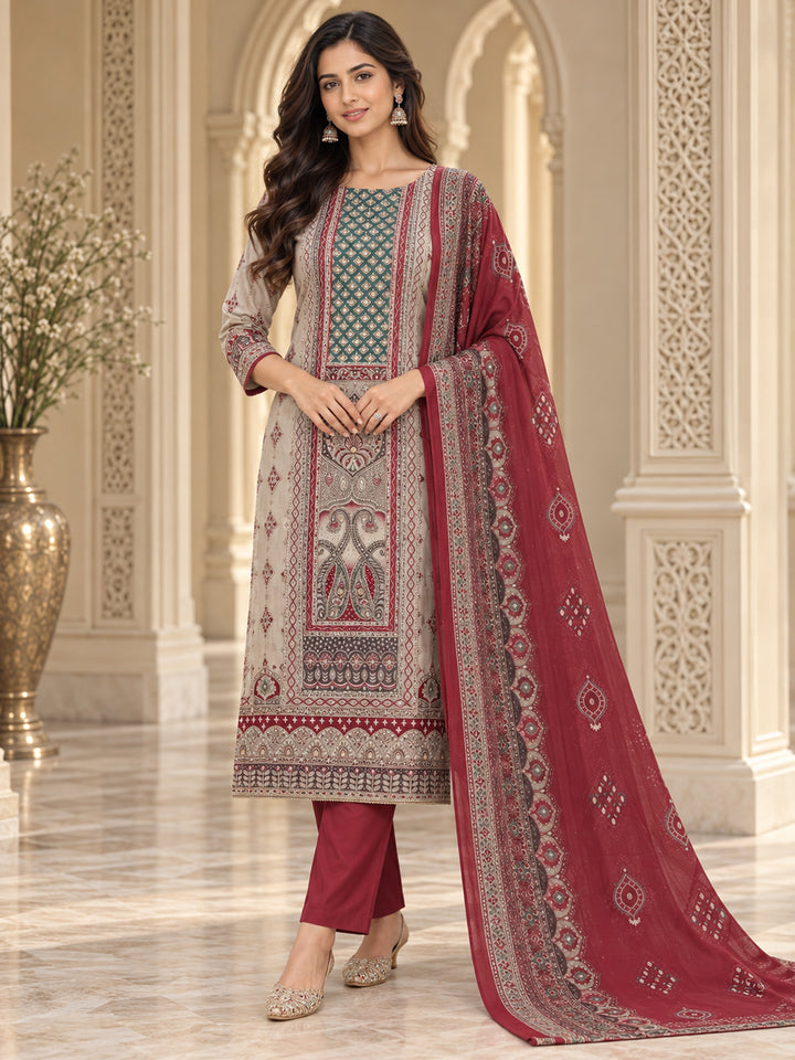 Onion Pink Cotton Blend Printed Unstitched Dress Material