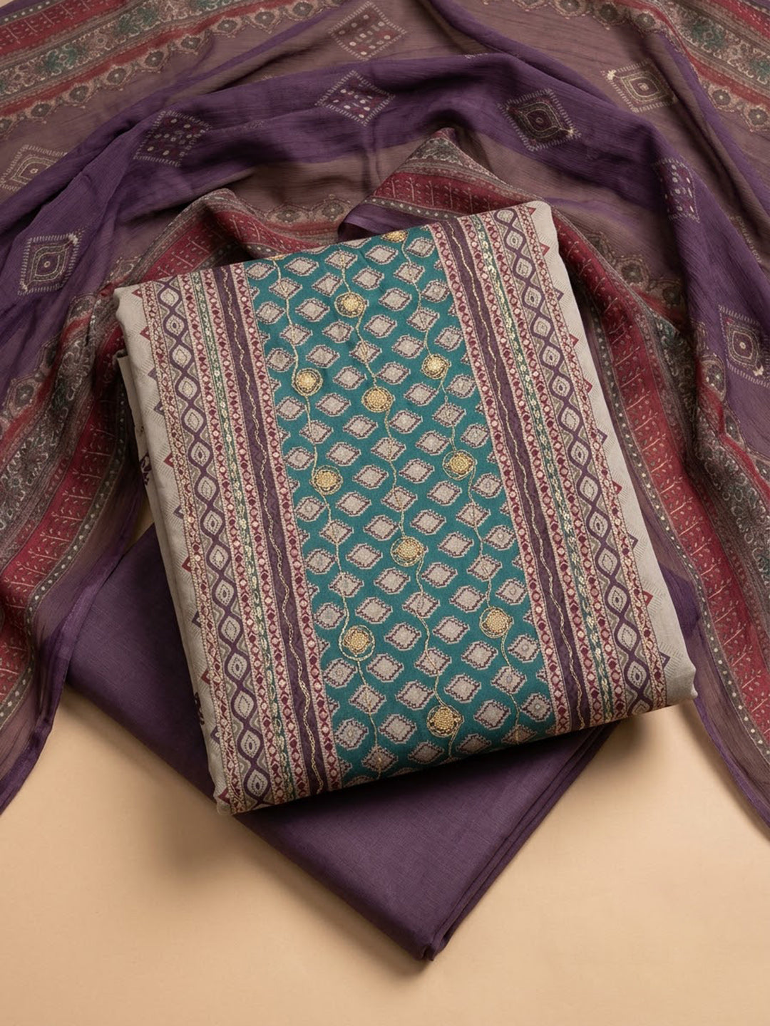Purple Cotton Blend Printed Unstitched Dress Material