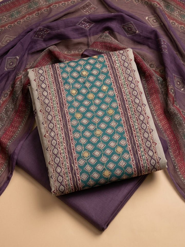 Purple Cotton Blend Printed Unstitched Dress Material