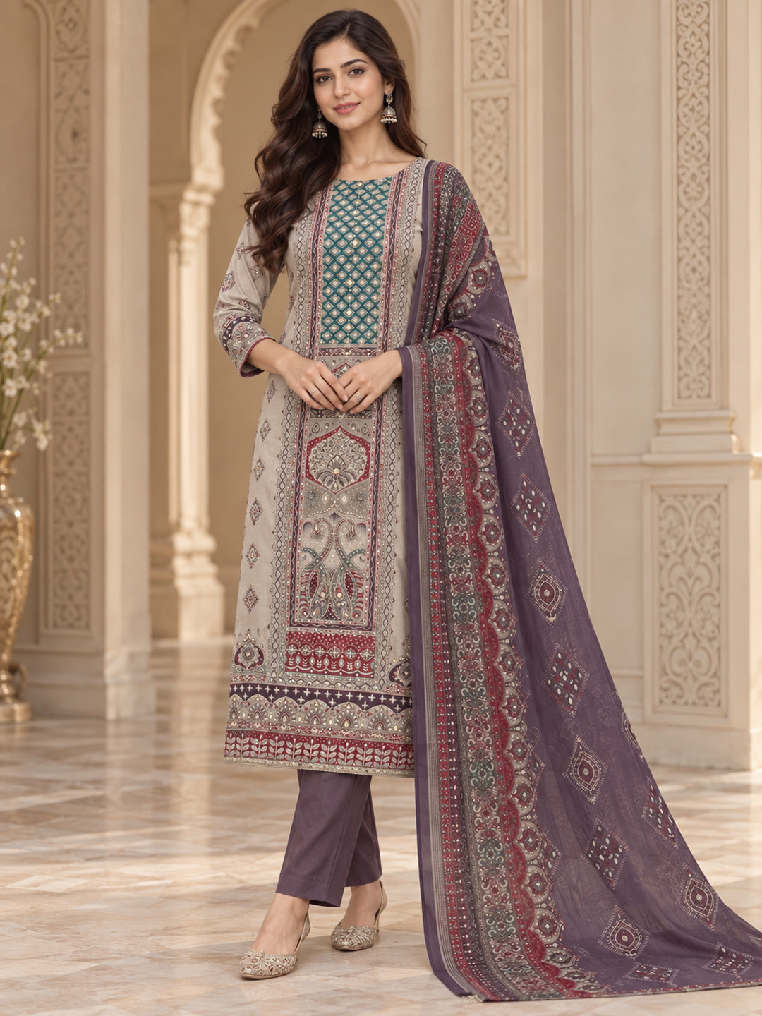Purple Cotton Blend Printed Unstitched Dress Material