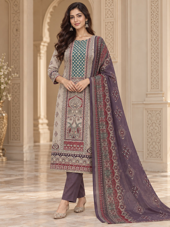 Purple Cotton Blend Printed Unstitched Dress Material