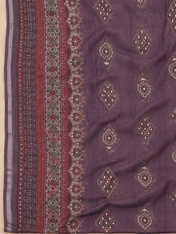 Purple Cotton Blend Printed Unstitched Dress Material