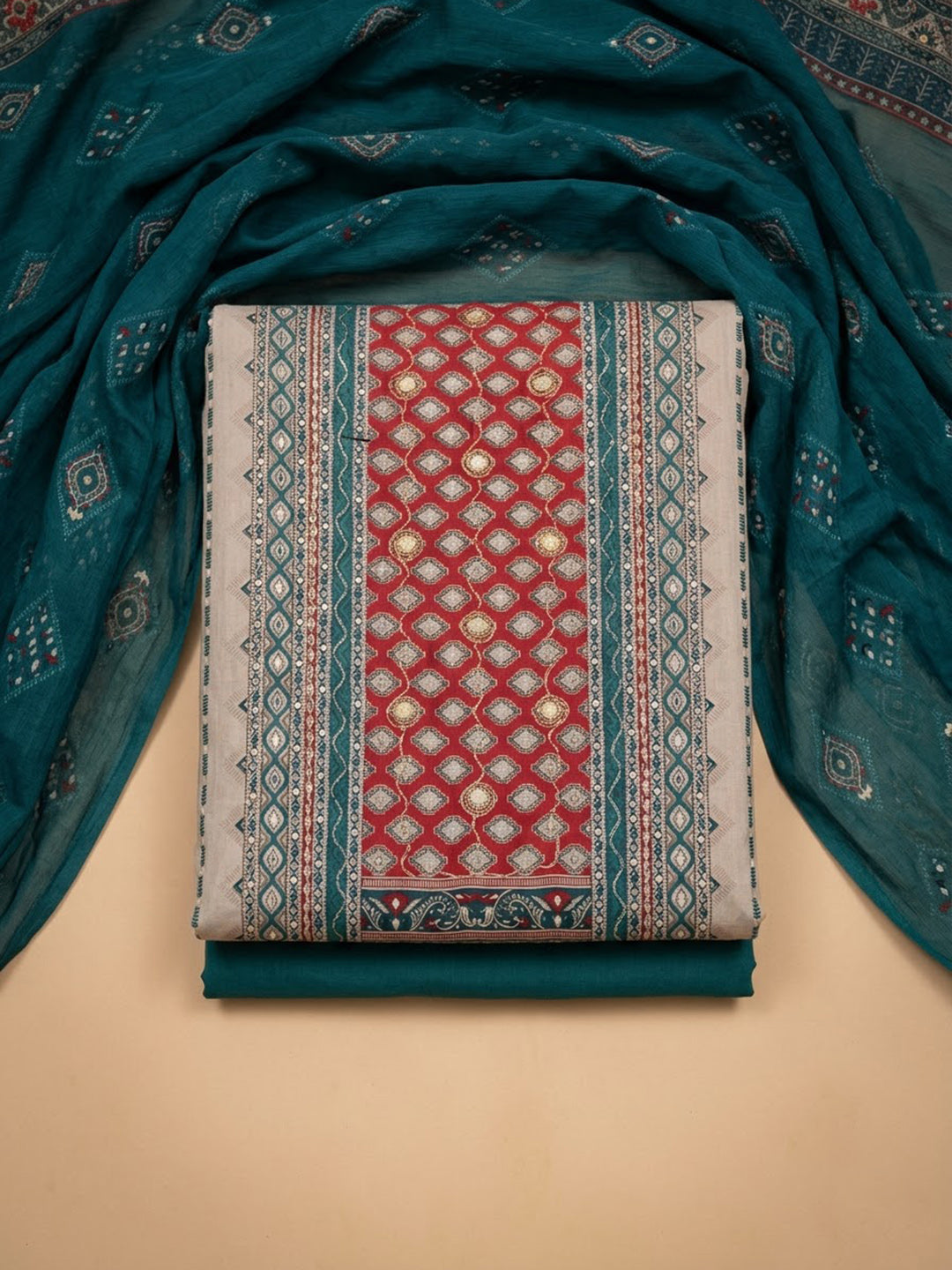 Rama Green Cotton Blend Printed Unstitched Dress Material