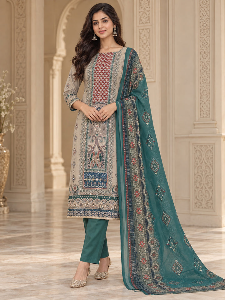 Rama Green Cotton Blend Printed Unstitched Dress Material