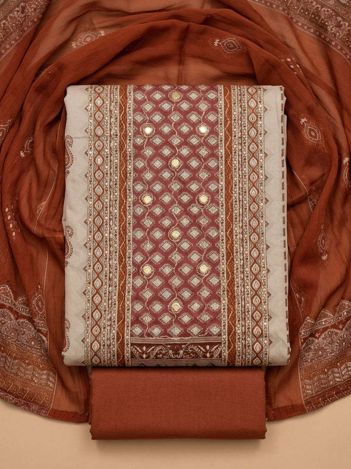 Rust Cotton Blend Printed Unstitched Dress Material