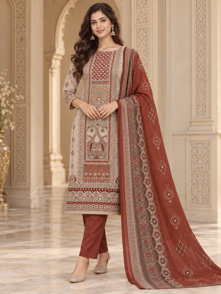 Rust Cotton Blend Printed Unstitched Dress Material