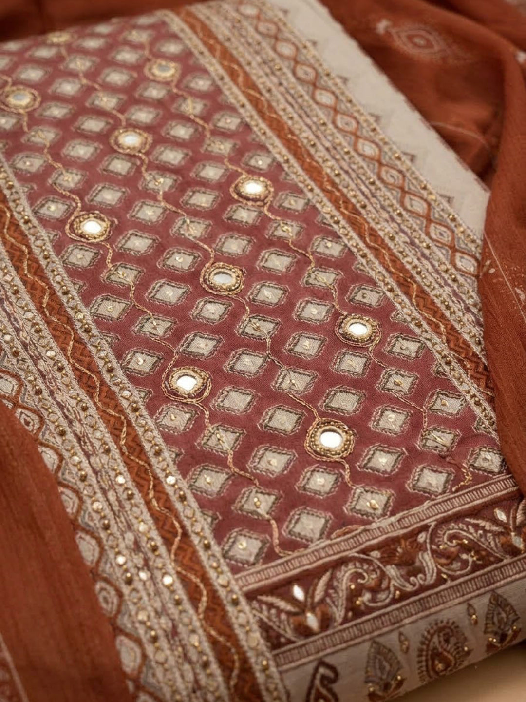 Rust Cotton Blend Printed Unstitched Dress Material