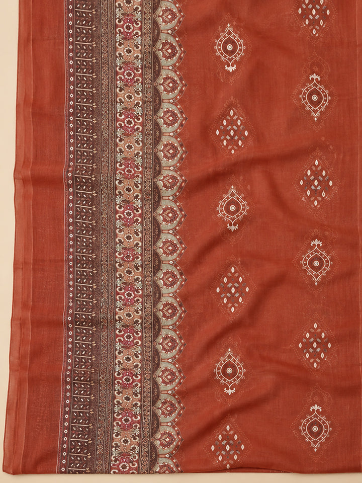 Rust Cotton Blend Printed Unstitched Dress Material