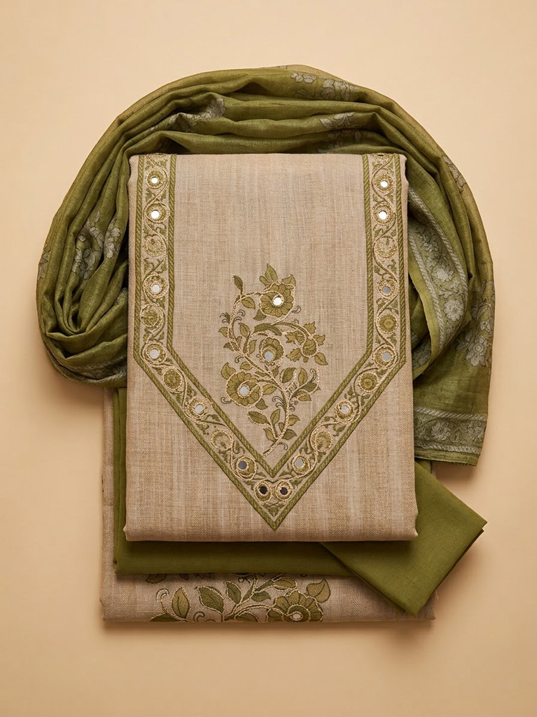 Mehndi Chanderi Printed Unstitched Dress Material