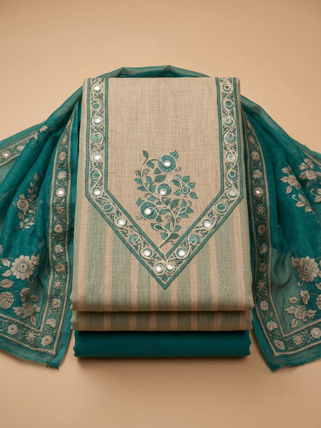 Rama Green Chanderi Printed Unstitched Dress Material