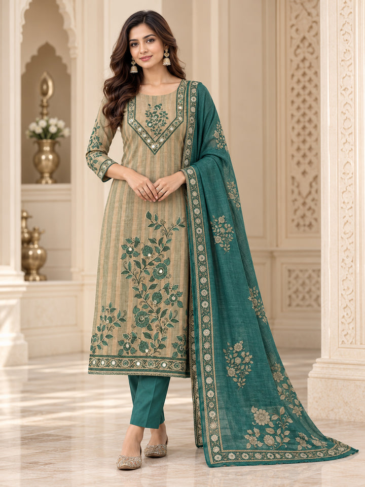 Rama Green Chanderi Printed Unstitched Dress Material