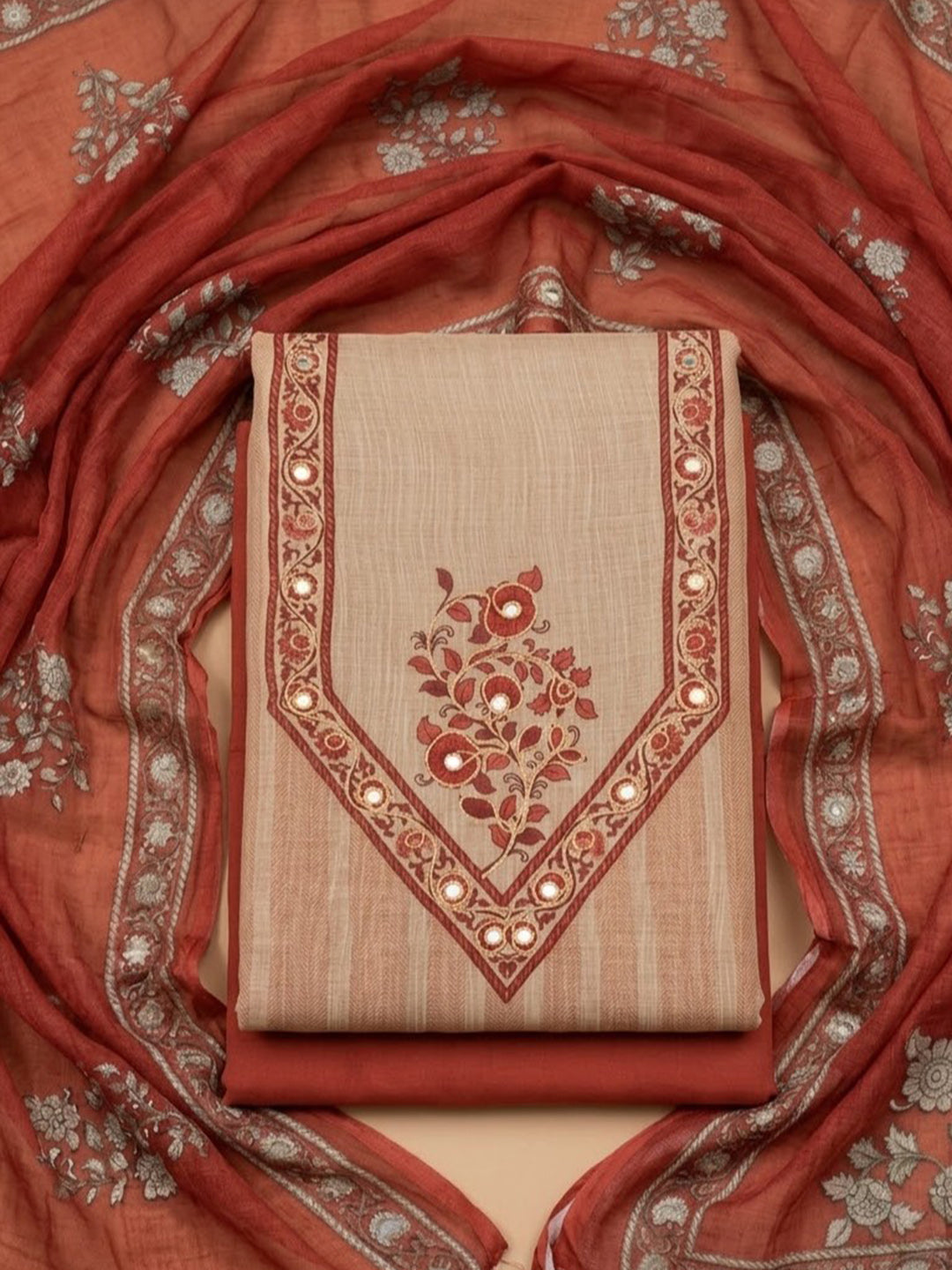 Red Chanderi Printed Unstitched Dress Material