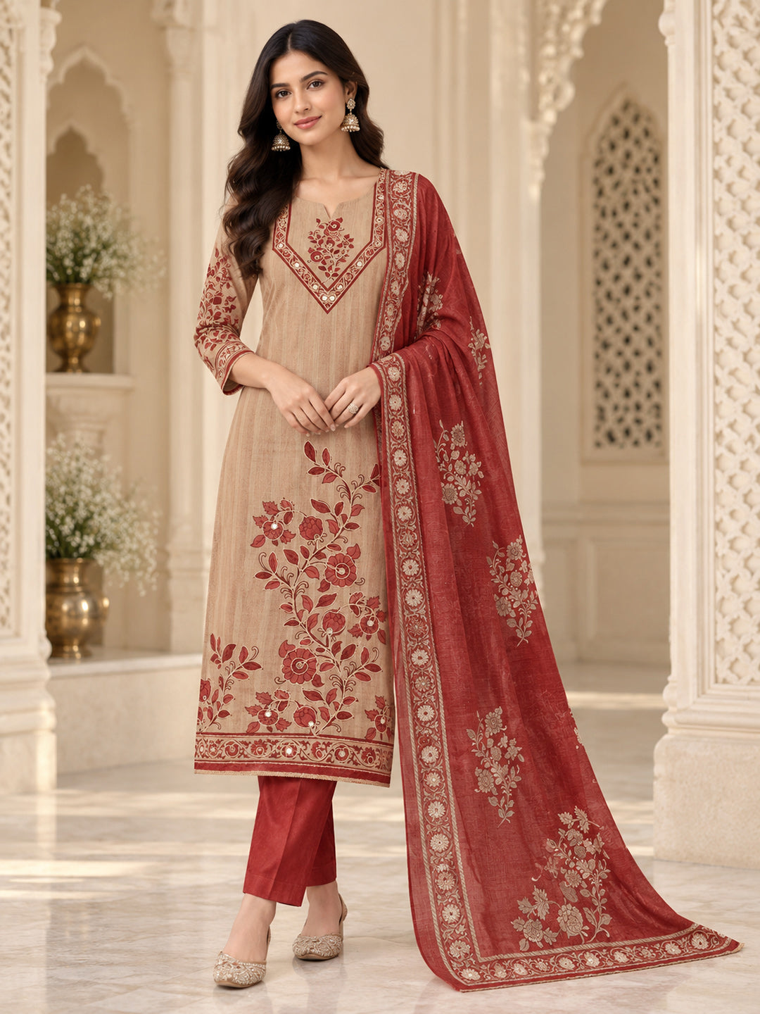 Red Chanderi Printed Unstitched Dress Material