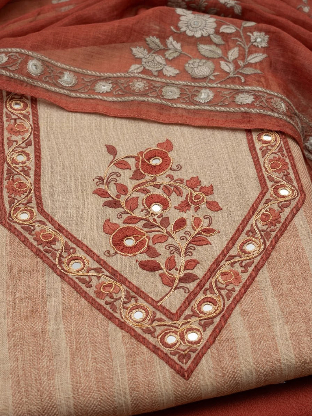 Red Chanderi Printed Unstitched Dress Material