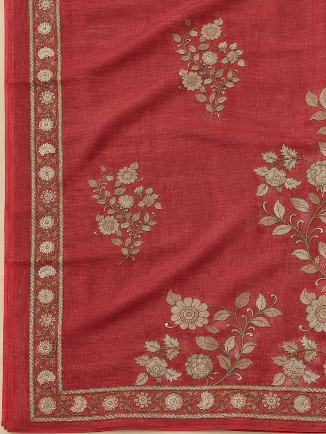 Red Chanderi Printed Unstitched Dress Material