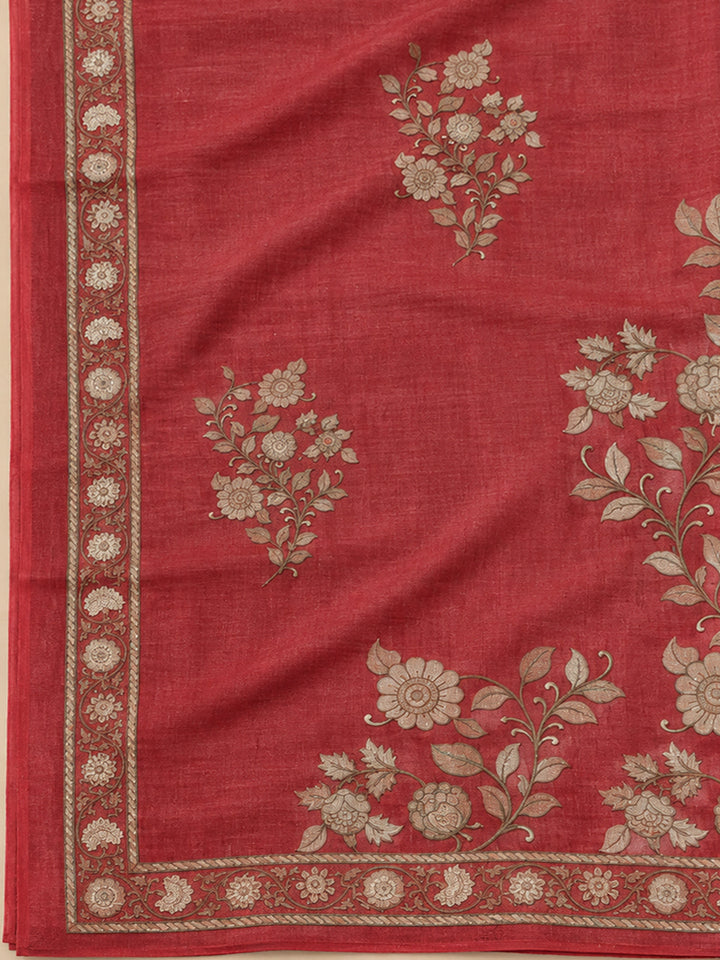 Red Chanderi Printed Unstitched Dress Material