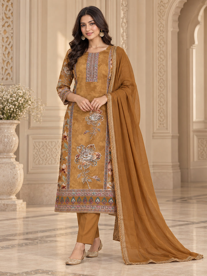 Mustard Cotton Blend Embroidered Unstitched Dress Material
