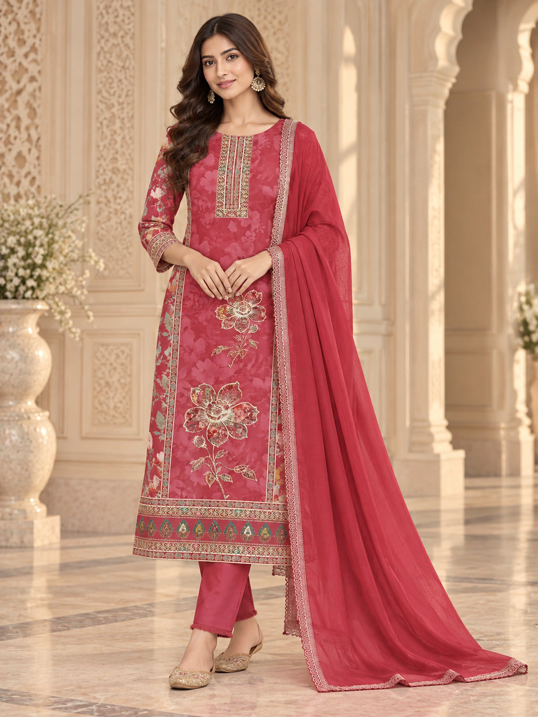 Onion Pink Cotton Blend Embroidered Unstitched Dress Material