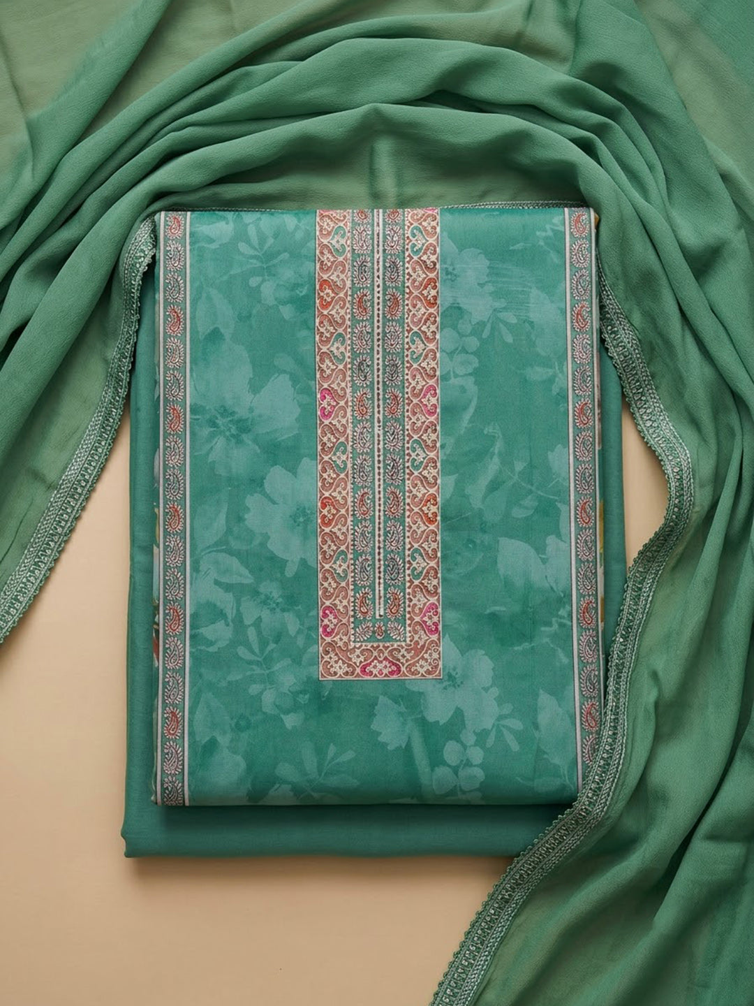 Rama Green Cotton Blend Embroidered Unstitched Dress Material