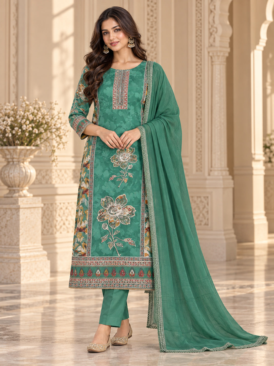 Rama Green Cotton Blend Embroidered Unstitched Dress Material
