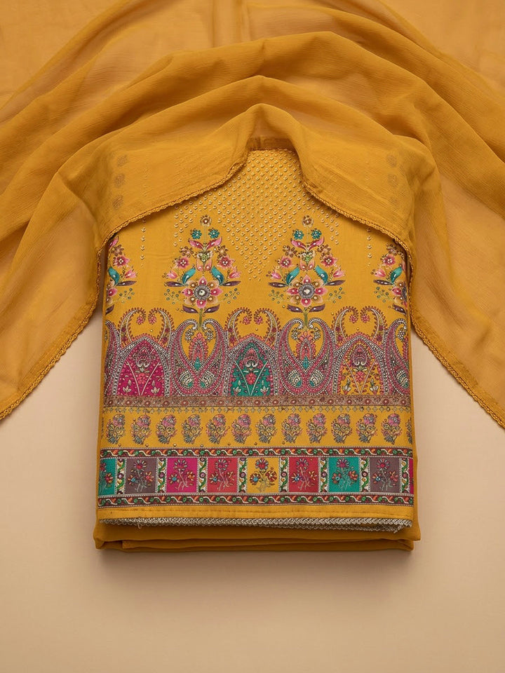 Mustard Cotton Blend Printed Unstitched Dress Material