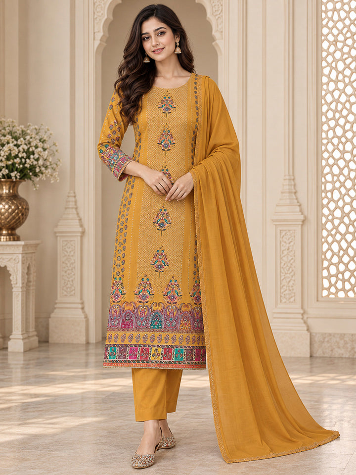 Mustard Cotton Blend Printed Unstitched Dress Material